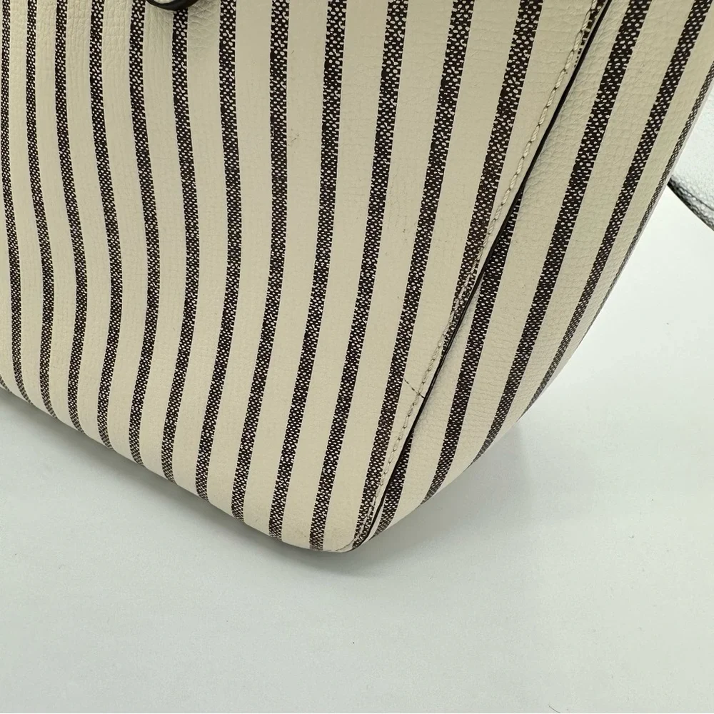 Henri Bendel West 57th Striped Domed Satchel Ivory Grey Stripe Gold Hardware